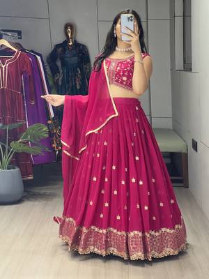 Pink Embroidery Thread and sequence Work  Heavy Gorgette Lehenga With Fully-Stitched Blouse 3