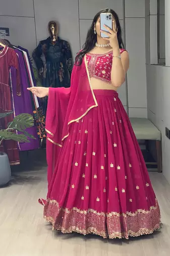 Pink Embroidery Thread and sequence Work  Heavy Gorgette Lehenga With Fully-Stitched Blouse
