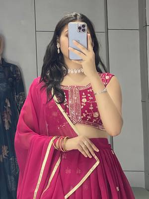 Pink Embroidery Thread and sequence Work  Heavy Gorgette Lehenga With Fully-Stitched Blouse 4