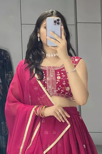 Pink Embroidery Thread and sequence Work  Heavy Gorgette Lehenga With Fully-Stitched Blouse