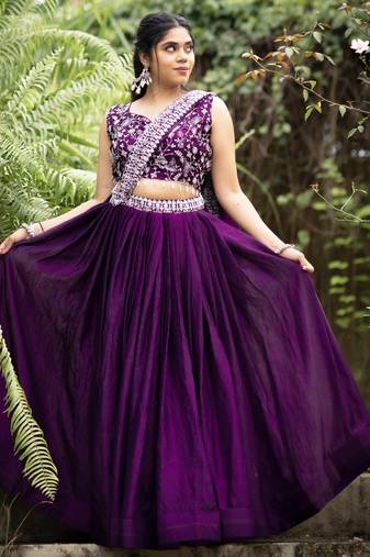 Purple Plain With Embroidered belt Fendy Satin Lehenga With Un-Stitched Blouse