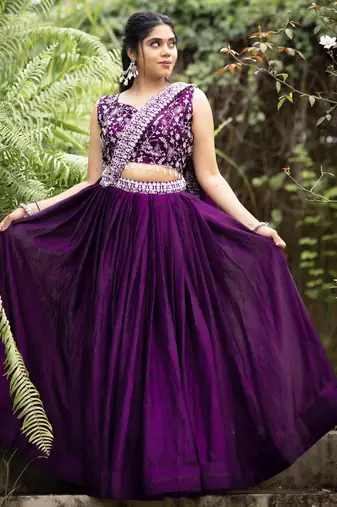 Purple Plain With Embroidered belt Fendy Satin Lehenga With Un-Stitched Blouse