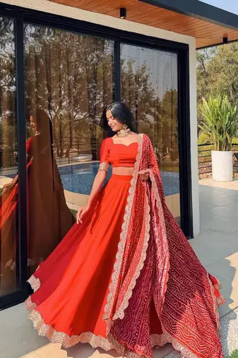 Red Plain With Embroidery Work Border Heavy Gorgette Lehenga With Fully-Stitched Blouse