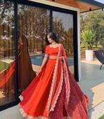 Red Plain With Embroidery Work Border Heavy Gorgette Lehenga With Fully-Stitched Blouse