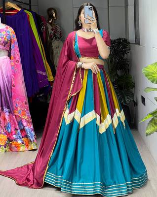 Multicolor All Over Traditional Colorful Kali With embelishments Chinon Lehenga With Fully-Stitched Blouse 1
