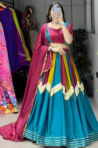 Multicolor All Over Traditional Colorful Kali With embelishments Chinon Lehenga With Fully-Stitched Blouse