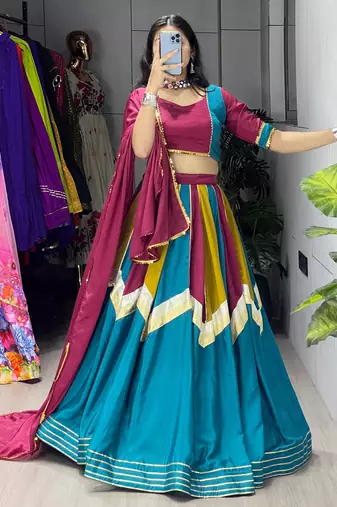 Multicolor All Over Traditional Colorful Kali With embelishments Chinon Lehenga With Fully-Stitched Blouse