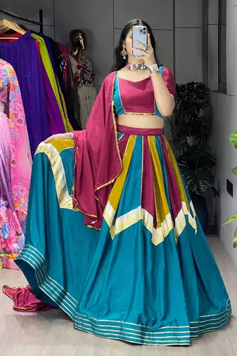 Multicolor All Over Traditional Colorful Kali With embelishments Chinon Lehenga With Fully-Stitched Blouse