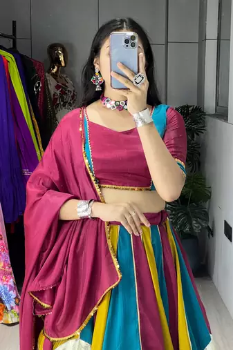 Multicolor All Over Traditional Colorful Kali With embelishments Chinon Lehenga With Fully-Stitched Blouse