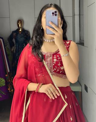 Maroon Embroidery Thread and sequence Work  Heavy Gorgette Lehenga With Fully-Stitched Blouse 4