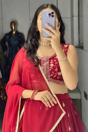 Maroon Embroidery Thread and sequence Work  Heavy Gorgette Lehenga With Fully-Stitched Blouse