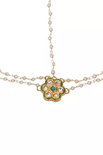 Girls gold-plated kundan-studded & beaded layered matha patti