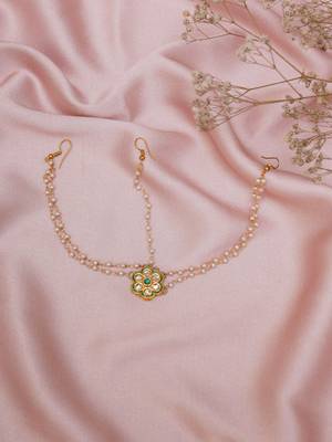 Girls gold-plated kundan-studded & beaded layered matha patti 1