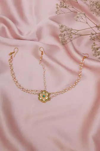 Girls gold-plated kundan-studded & beaded layered matha patti