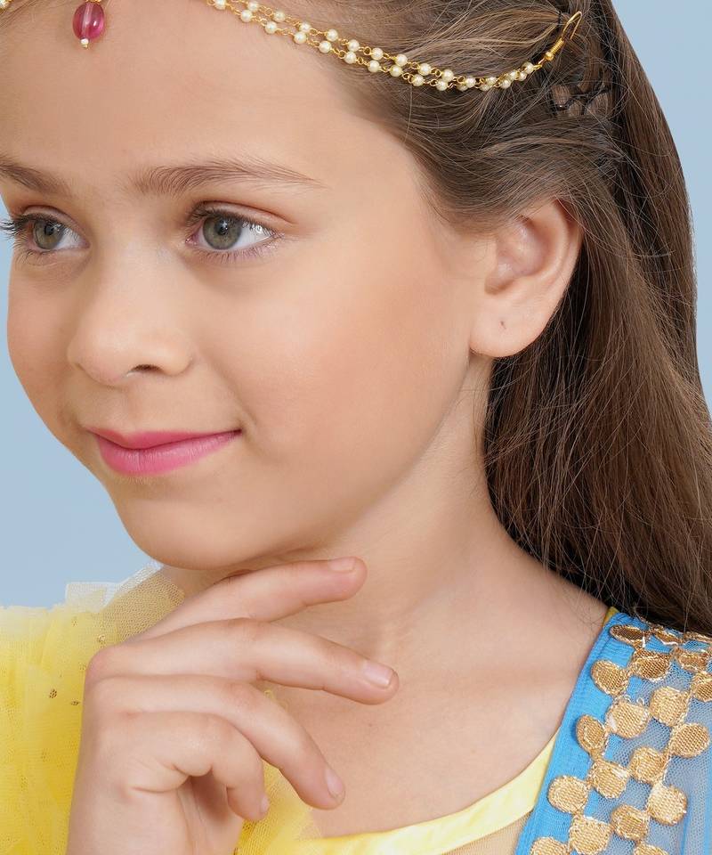 Girls gold-plated kundan-studded & beads beaded layered matha patti