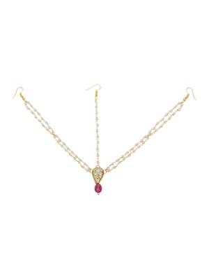 Girls gold-plated kundan-studded & beads beaded layered matha patti 3