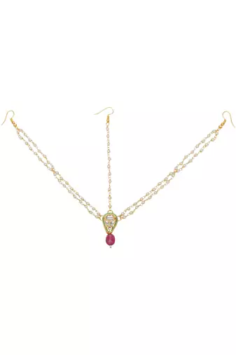 Girls gold-plated kundan-studded & beads beaded layered matha patti