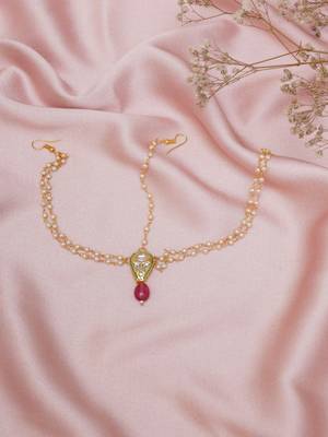 Girls gold-plated kundan-studded & beads beaded layered matha patti 5