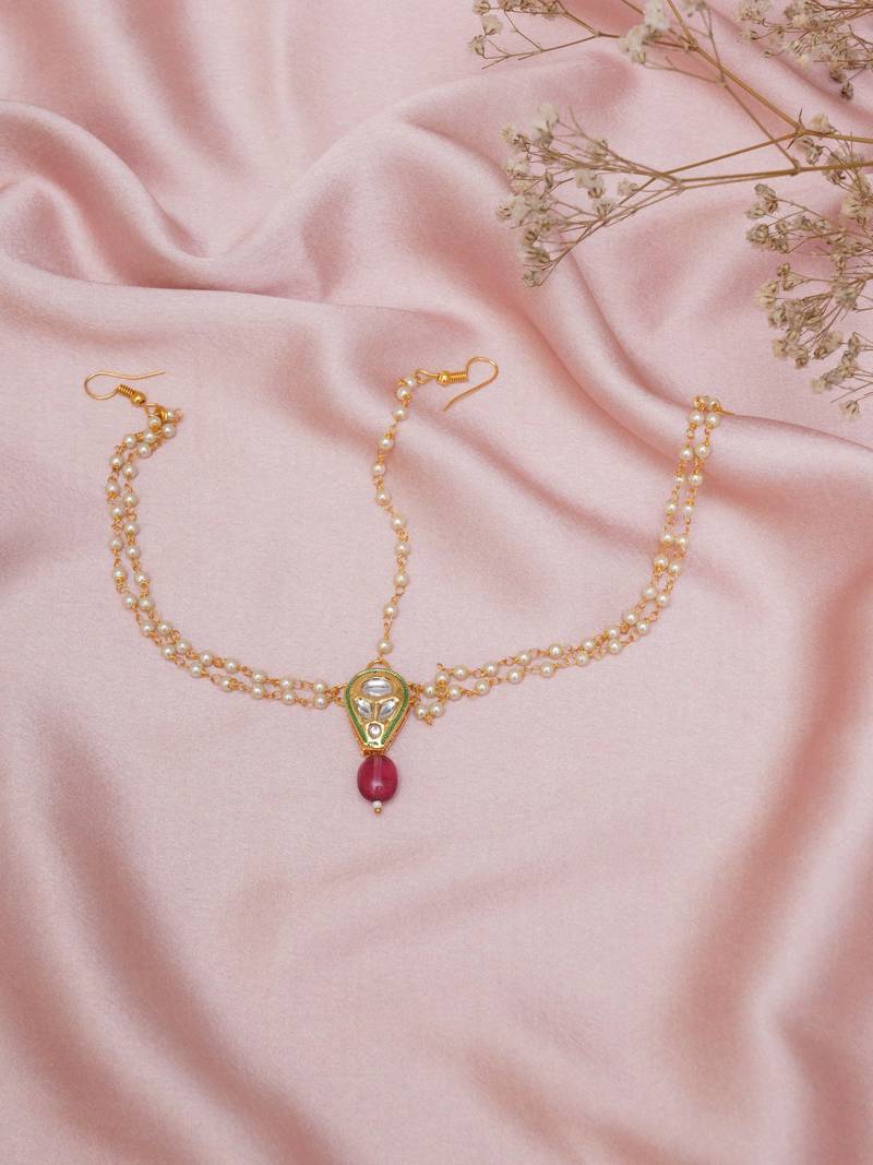 Girls gold-plated kundan-studded & beads beaded layered matha patti