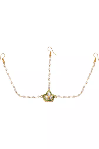 Girls gold-plated kundan-studded & beads beaded layered matha patti