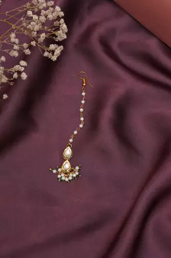 Girls gold-plated kundan studded & beads beaded maang tikka