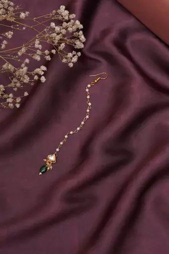 Girls gold-plated kundan studded & beads beaded maang tikka
