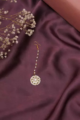 Girls gold-plated kundan studded & beads beaded maang tikka