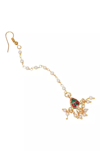 Girls gold-plated kundan studded beads beaded maang tikka