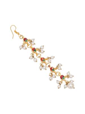 Girls gold-plated kundan studded & beaded maang tikka 2