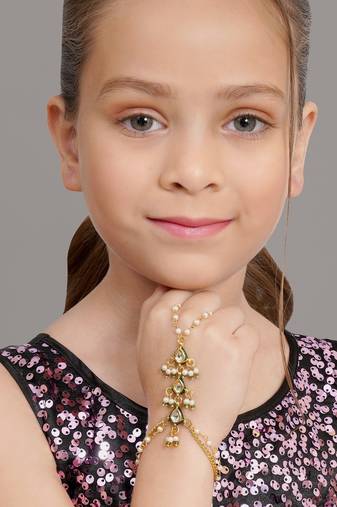 Girls gold-plated kundan studded & beads beaded ring bracelet