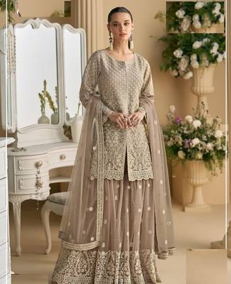 beige embroidered net gharara suit stitched-Full Stitched Free size 1