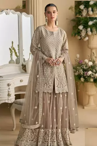 Beige net full stitched free size upto xxl wedding suits