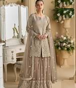 beige embroidered net gharara suit stitched-Full Stitched Free size