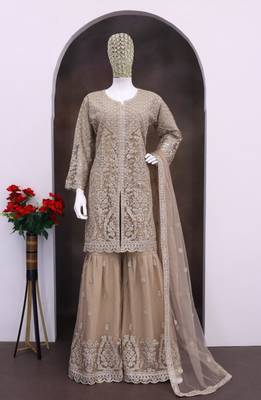 beige embroidered net gharara suit stitched-Full Stitched Free size 2