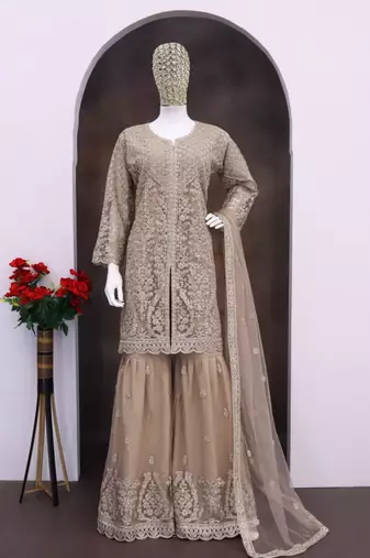 beige embroidered net gharara suit stitched-Full Stitched Free size