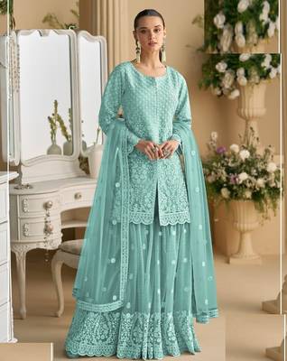 blue embroidered net gharara suit-Full Stitched Free size 1