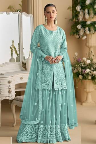 Sky blue net full stitched free size upto xxl wedding suits