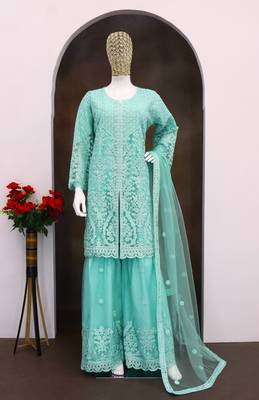 blue embroidered net gharara suit-Full Stitched Free size 2