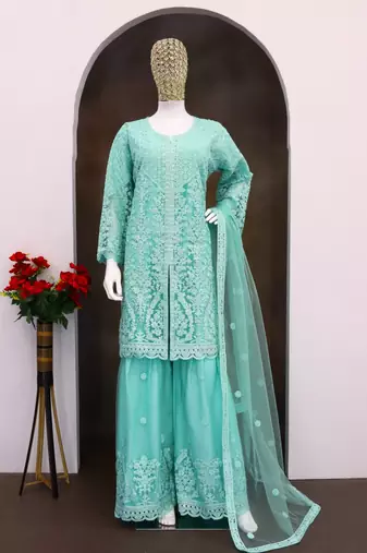 blue embroidered net gharara suit-Full Stitched Free size