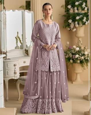 Purple embroidered net gharara suit stitched-Full Stitched Free size 1