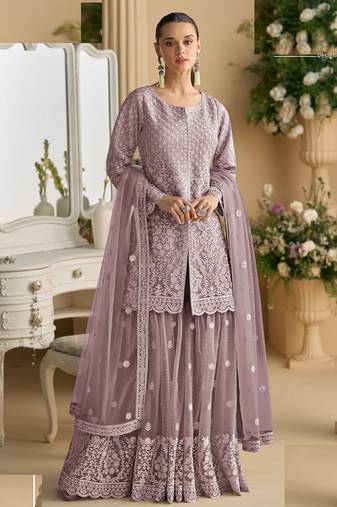 Light purple net full stitched free size upto xxl wedding suits