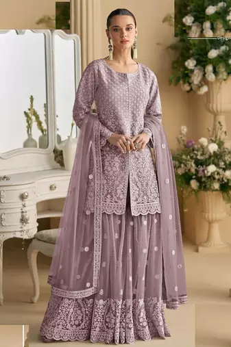 Light purple net full stitched free size upto xxl wedding suits