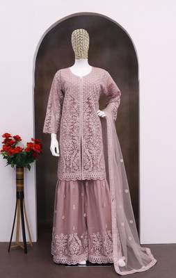 Purple embroidered net gharara suit stitched-Full Stitched Free size 2