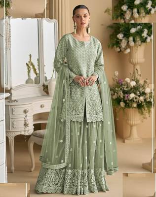 Green embroidered net gharara suit-Full Stitched Free size 1