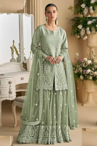 Light green net full stitched free size upto xxl wedding suits