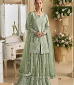 Green embroidered net gharara suit-Full Stitched Free size