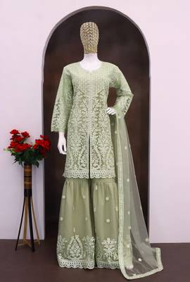 Green embroidered net gharara suit-Full Stitched Free size 2