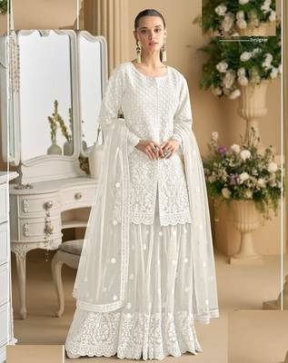 white embroidered net gharara suit stitched-Full Stitched Free size 1