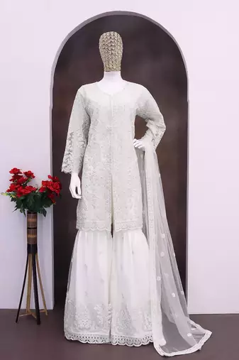 white embroidered net gharara suit stitched-Full Stitched Free size