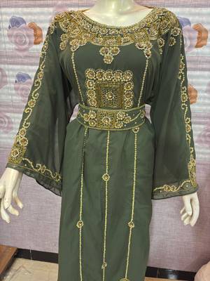      Green Hand-Embroidered Stitched Kaftan with Golden Detailing | Premium Party & Occasion Wear Abaya      1